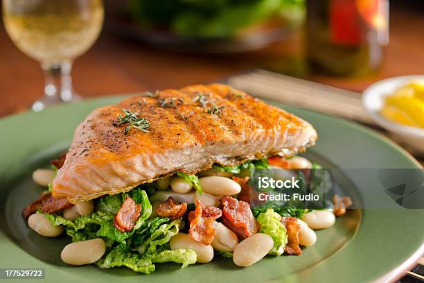 Grilled Salmon With Cannellini Stock Photo - Download Image Now - Cannellini Bean, Green Color, Meal