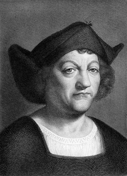 Old vintage black and white portrait of Christopher Columbus "Christopher Columbus (1451-1506) on engraving from 1851. Explorer, navigator and colonizer. Engraved by I.W.Baumann and published in The Book of the World,Germany,1851." christopher columbus stock illustrations