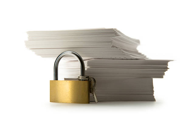 istock Stack of paper cards and keylock 177530377