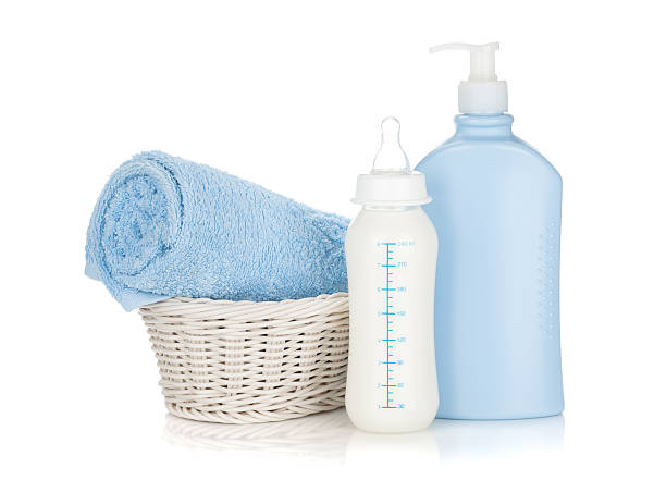 istock Baby milk bottle, shampoo and towel 177530836