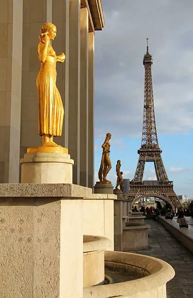 "Golden statue in Trocadero lighted by sunset, Eiffel tower silhouette in background"