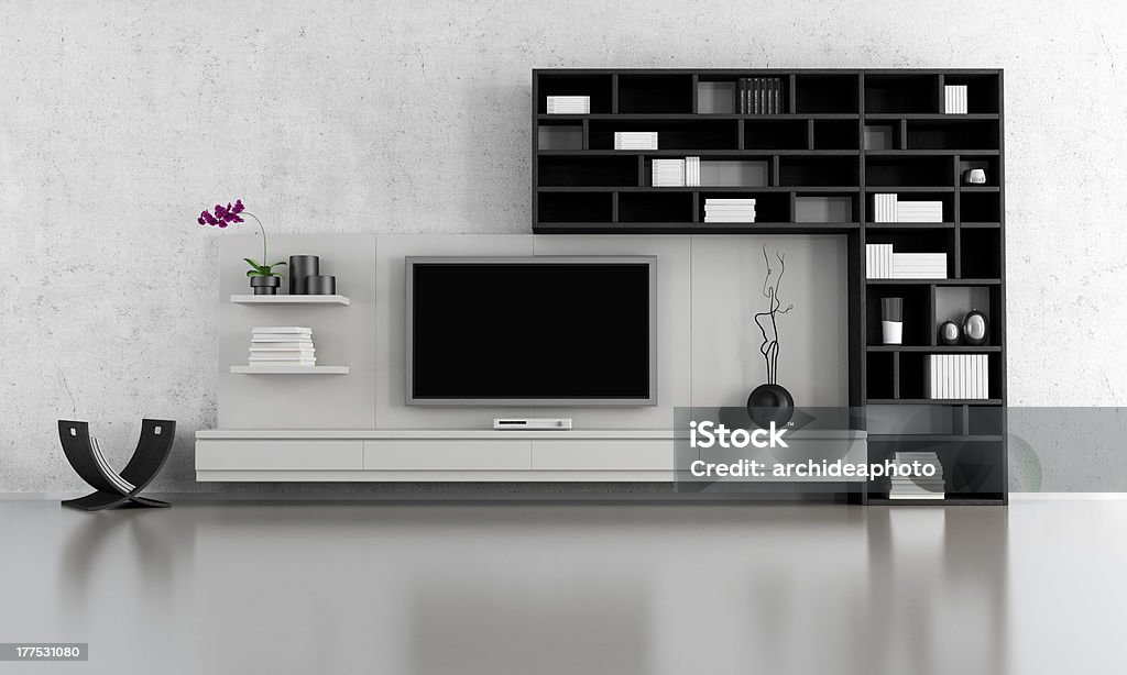 black and white  living room black and white  living room with tv stand and bookcase - rendering Living Room Stock Photo