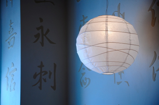 balloon paper lamp against wall with japanese letter on