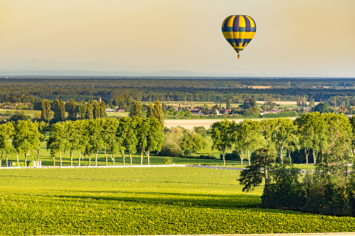 Hot air balloon ride above the Burgundy landscape. Cote de Beaune, Pommard region.