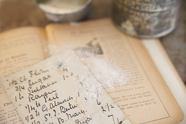 vintage cookbook with handwritten recipe old recipe atop a cookbook from 1894 dusted with flour with vintage sifter and measuring cup in background recipe stock pictures, royalty-free photos & images