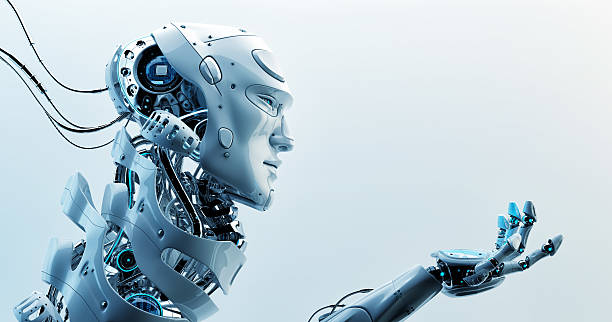 Asking cyborg Very detailed 3d robotic man gesturing man and machine stock pictures, royalty-free photos & images