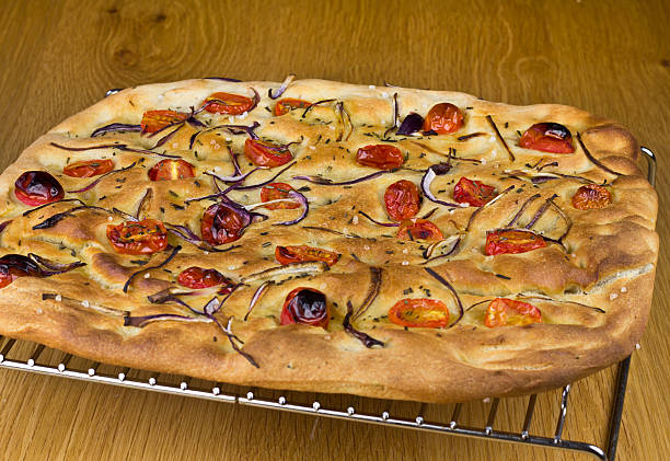 Foccacia with Tomatoes and Onions stock photo