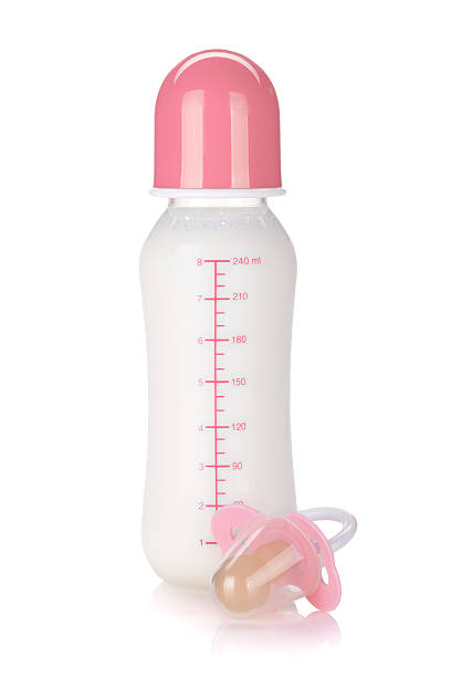 Pink baby bottle milk on pink pastel background. 3d rendering