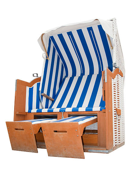 beach chair striped beach chair blue-white striped isolated on white hooded beach chair stock pictures, royalty-free photos & images