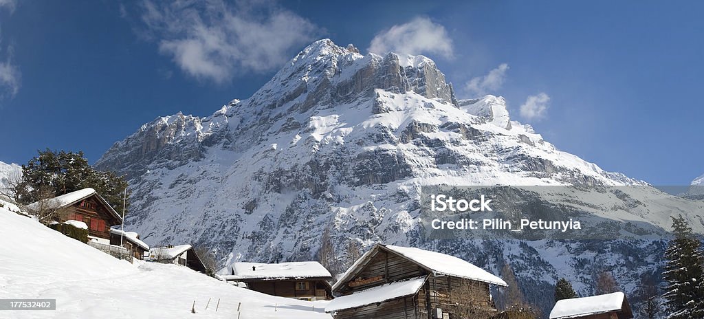 Hotel near Grindelwald ski area. Swiss alps at winter Hotel near the Grindelwald ski area on the mountain. Switzerland. View of the mountain Schreckhorn Beautiful People Stock Photo