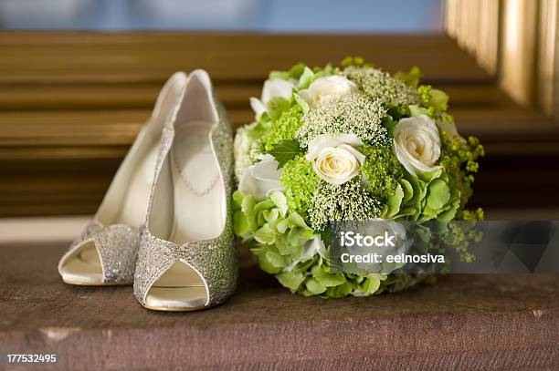 Wedding Shoes And Flowers Bouquet Stock Photo - Download Image Now - Rose - Flower, Beauty, Bouquet