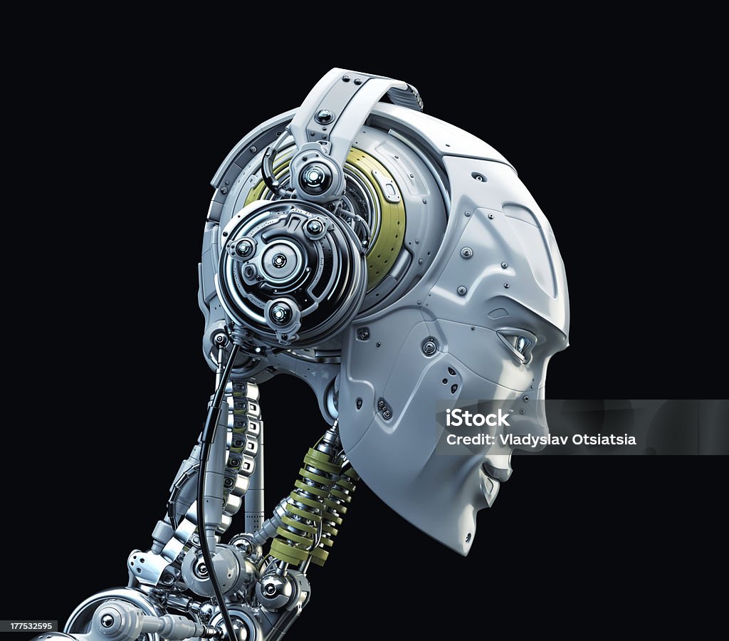 Stylish robot listening music Future handsome man with headphones in profile. 3d render Robot Stock Photo