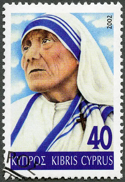 "Cyprus 2002 stamp printed in Cyprus shows portrait of Mother Teresa (1910-1997), circa 2002"