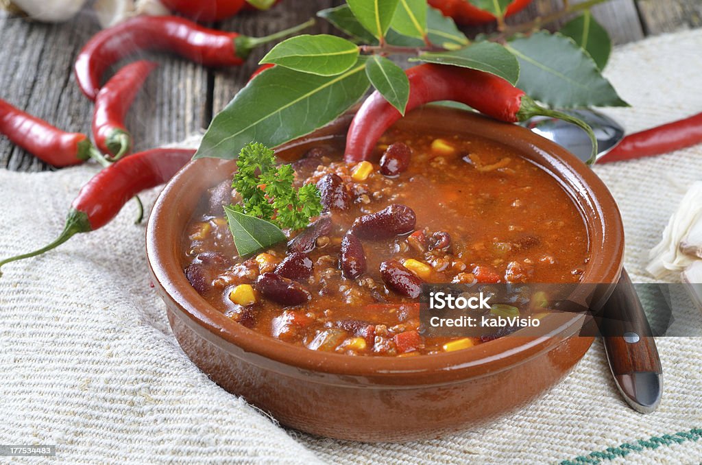 Chili with meat Hot chili con carne with kidney beans and minced meat Bean Stock Photo