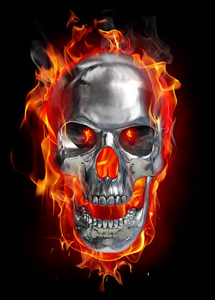 metallic crânio em fogo - inferno fire flame skull - fotografias e filmes do acervo