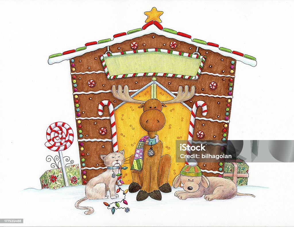 Christmas Moose and Friends "An illustration of a cute moose, cat and dog sitting in front of a gingerbread house." Gingerbread House stock illustration