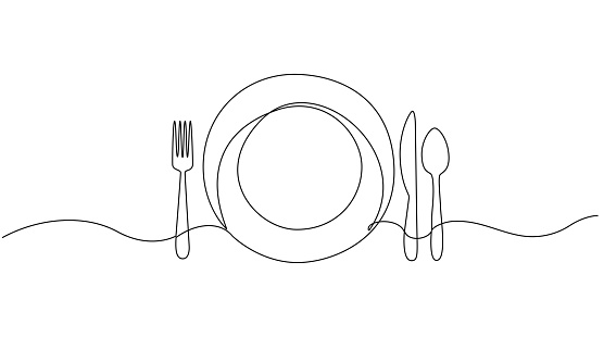 continuous single line drawing of dinner concept, plate with fork, knife and spoon, line art vector illustration