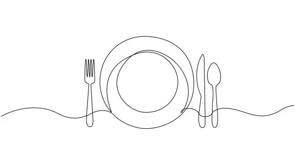 Vector illustration of single line drawing of plate with fork, knife and spoon