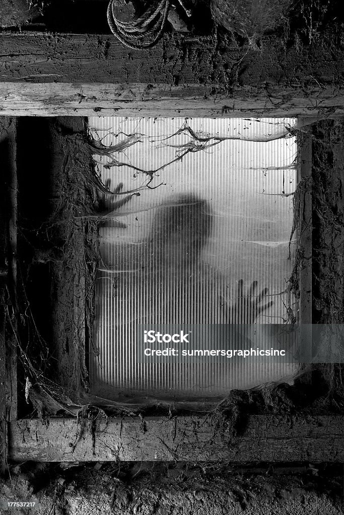 Scary halloween background Photo of a zombie outside a window that is covered with spiderwebs and filth.. Barn Stock Photo