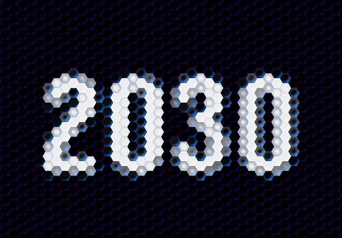 Sign of the 2030 year with hex pixel grid. New Years number or digits for holiday eve celebration card or calendar