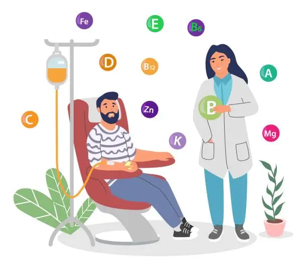 Vector illustration of Doctor giving male patient vitamin intravenous drip vector scene