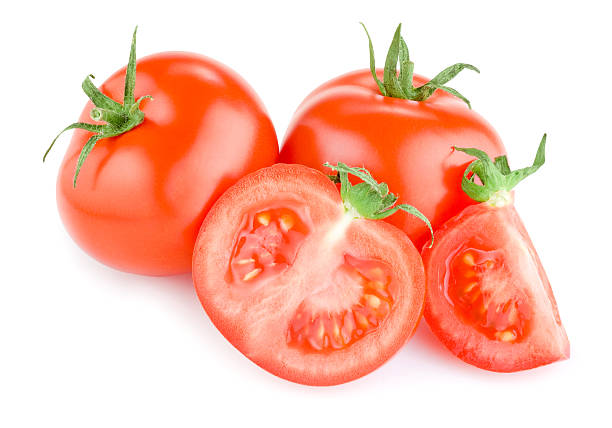 istock Two Fresh Juicy tomatoes, cut in half and slice Isolated 177537524