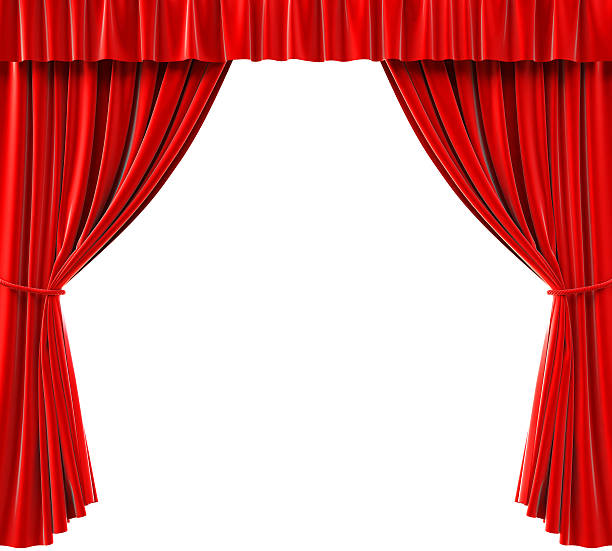 red curtains pulled back to reveal a white background - theater stockfoto's en -beelden