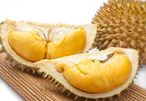 Close up of peeled durian isolated on white background. stock photo