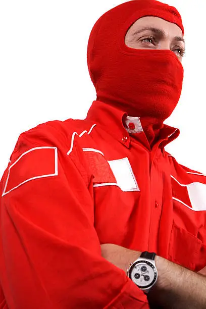 motor racing driver wearing protective balaclava