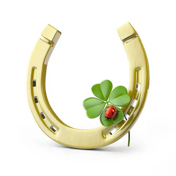 Horseshoe with leaf clover and a ladybug. 3d render