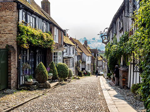 Rye, England - June 29, 2023: Old city medieval street in Rye town, England, United Kingdom