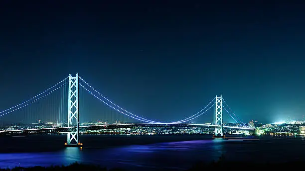 "A photo of Japan's Seto Inland sea at night overseeing the glowing Akashi Kaikyo Bridge and Kobe city, part of the Honshu-Shikoku Highway."