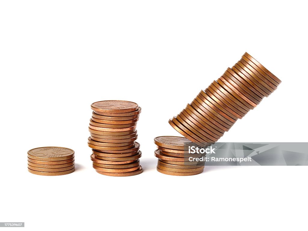 Three stacks of coins 2 Three stacks of coins 5-cent increase in height and isolated on white background. One of the stacks of coins falling Bankruptcy Stock Photo