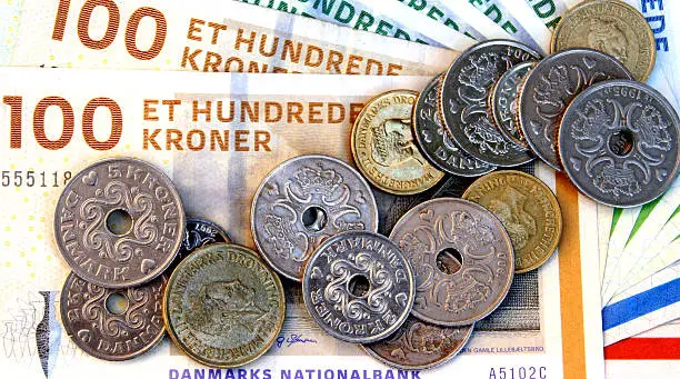 Photo of Danish money as coins and bills on top of each other