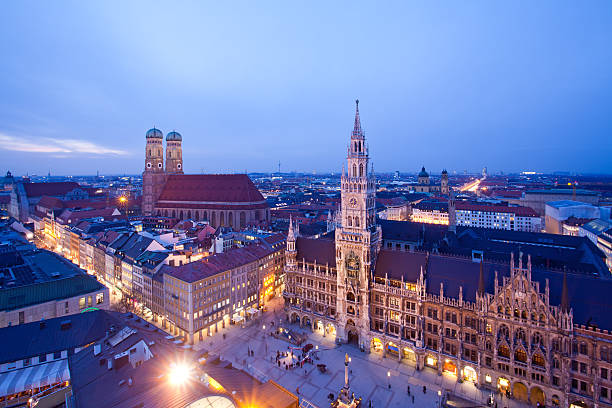 Munich at the evening "You can see Marienplatz, new city hall, Munich Frauenkirche.See my lightboxes:" münchen stock pictures, royalty-free photos & images
