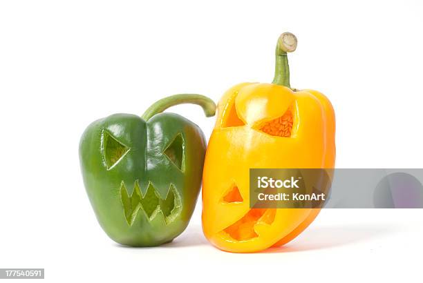 Face Carved Into Vegetables For Halloween Stock Photo - Download Image Now - Pepper - Vegetable, Carving - Craft Product, Halloween