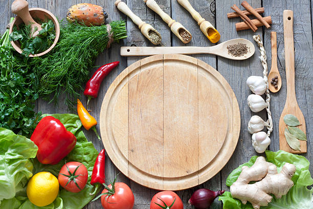 istock Vegetables and spices vintage border background 177541856