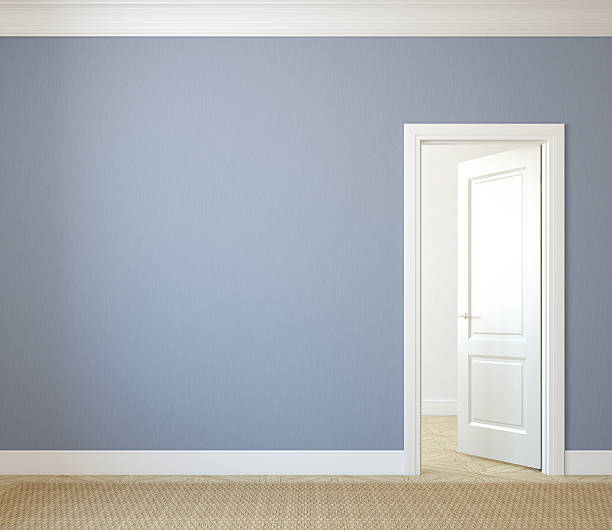 istock Hallway with blue wall in modern house with open room door 177542352