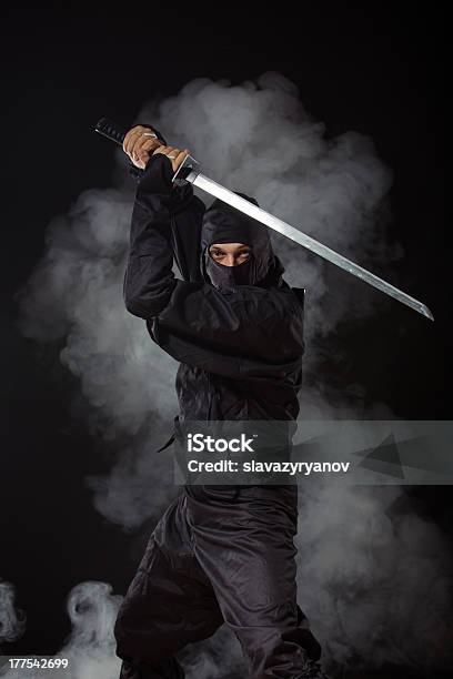 Ninja With Sword At Night In Smoke Stock Photo - Download Image Now - Ninja, Humor, Security Guard