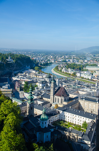Panoramic view of Salzburg's old town from the Kapuzinerberg (public place) in summer