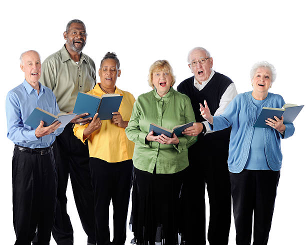 Singing Seniors Six happily singing senior adults.  On a white background. choir photos stock pictures, royalty-free photos & images
