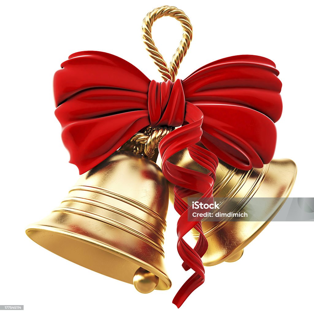 Golden bells and red bow for Christmas golden bells with a red bow. isolated on white. Christmas Stock Photo