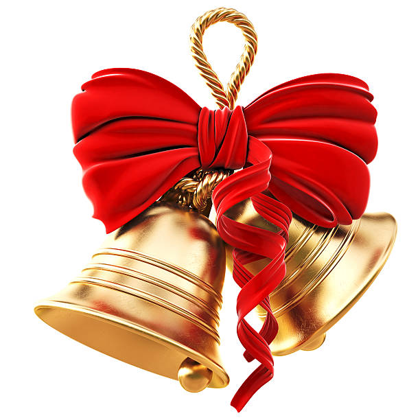 Golden bells and red bow for Christmas golden bells with a red bow. isolated on white. bell stock pictures, royalty-free photos & images