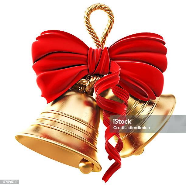 Golden Bells And Red Bow For Christmas Stock Photo - Download Image Now - Christmas, Bell, Christmas Decoration