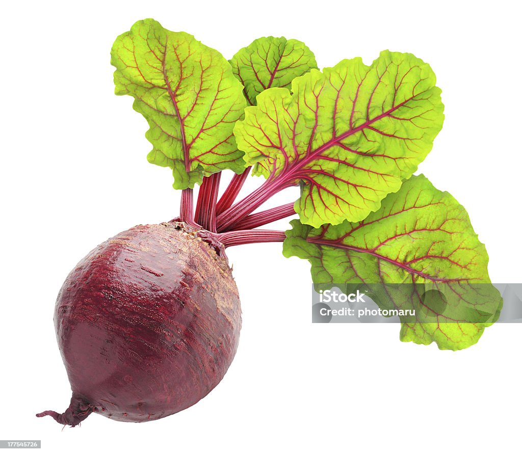 Beetroot plant with four green leaves Fresh beetroot with leaves isolated on white. Beet Stock Photo