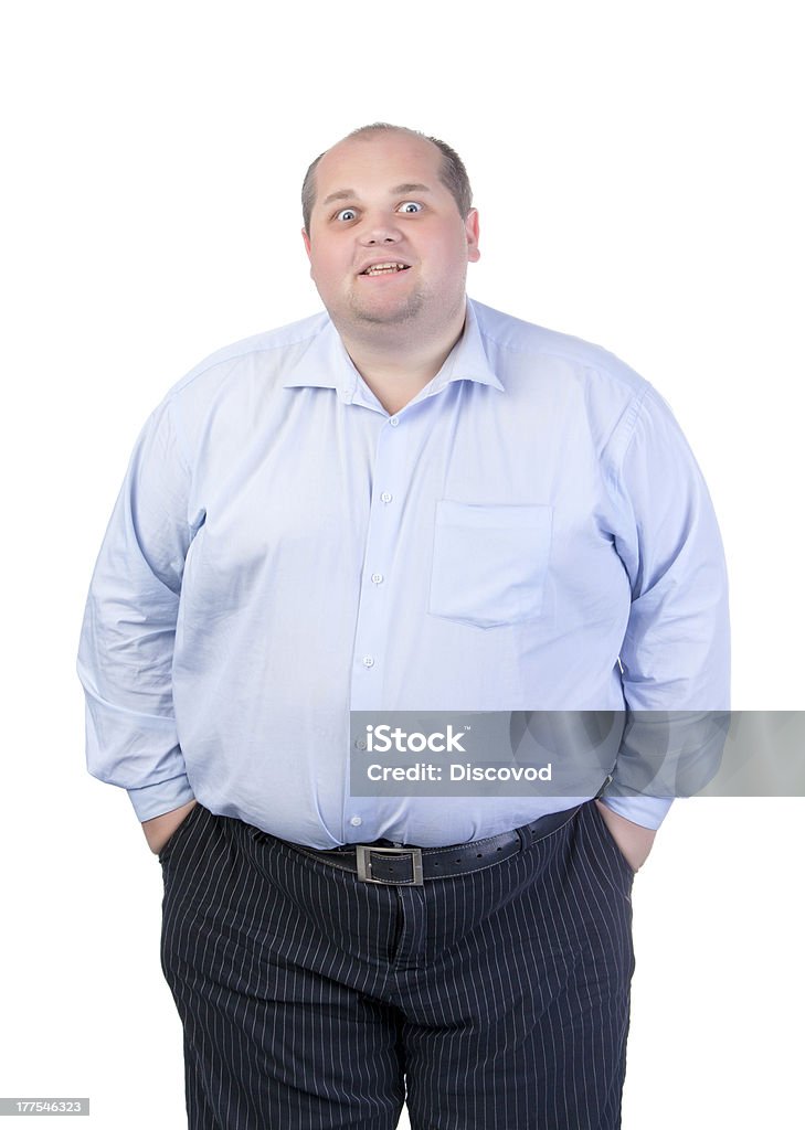 Fat Man in a Blue Shirt, Contorts Antics "Fat Man in a Blue Shirt, Contorts Antics, isolated" Abdomen Stock Photo