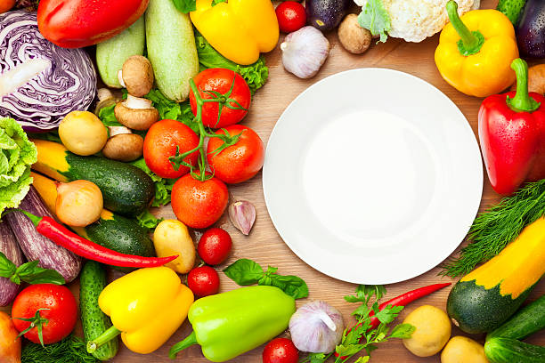 istock Fresh Organic Vegetables Around White Plate 177546426