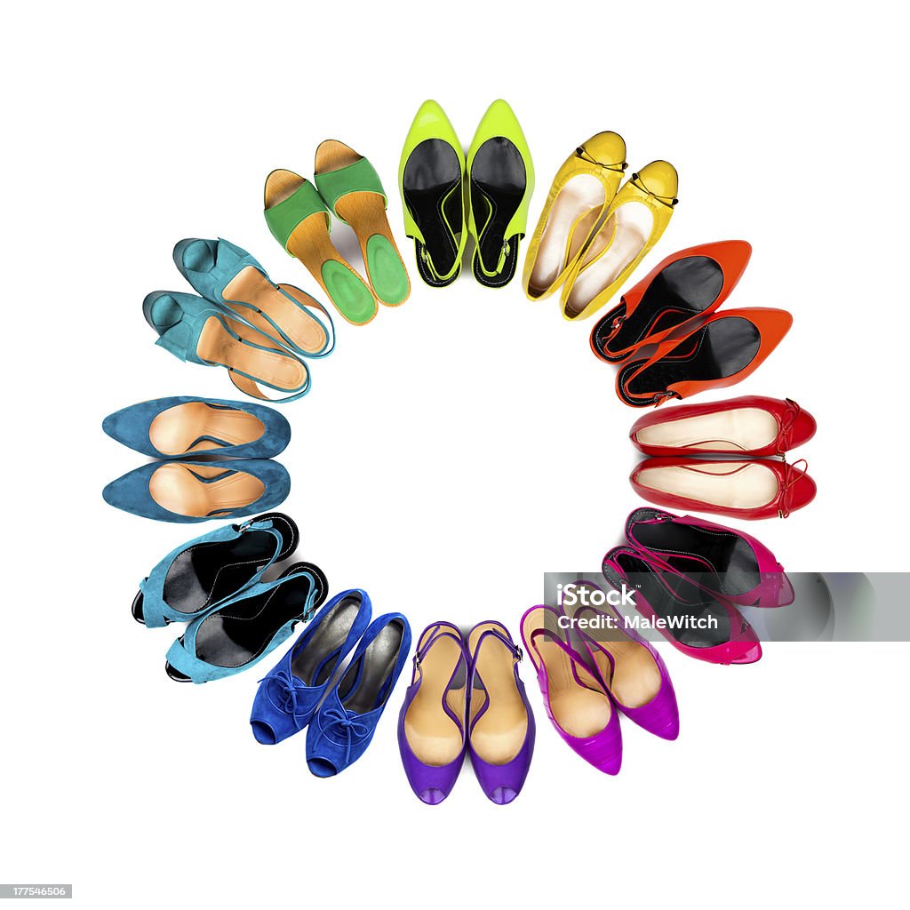 Multicolored female shoes frame Set of multicolored female shoes arranged in circle on white background. Shoe Stock Photo