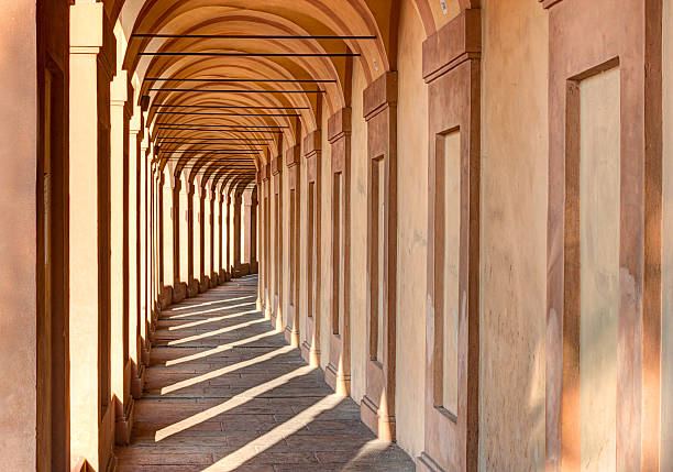 Portico of San Luca, Bologna "Portico di San Luca, Bologna, Iraly: the porch that connects the Sanctuary of the Madonna di San Luca to the city, a long (3.5 km) monumental roofed arcade consisting of 666 arches" bologna photos stock pictures, royalty-free photos & images