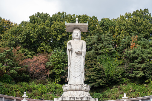 Mireuk Daebul statue of the bodhisattva Maitreya at Bongeunsa Temple, a Buddhist temple in Seoul. With background of autumn leaves. It is the tallest stone statue in Korea.